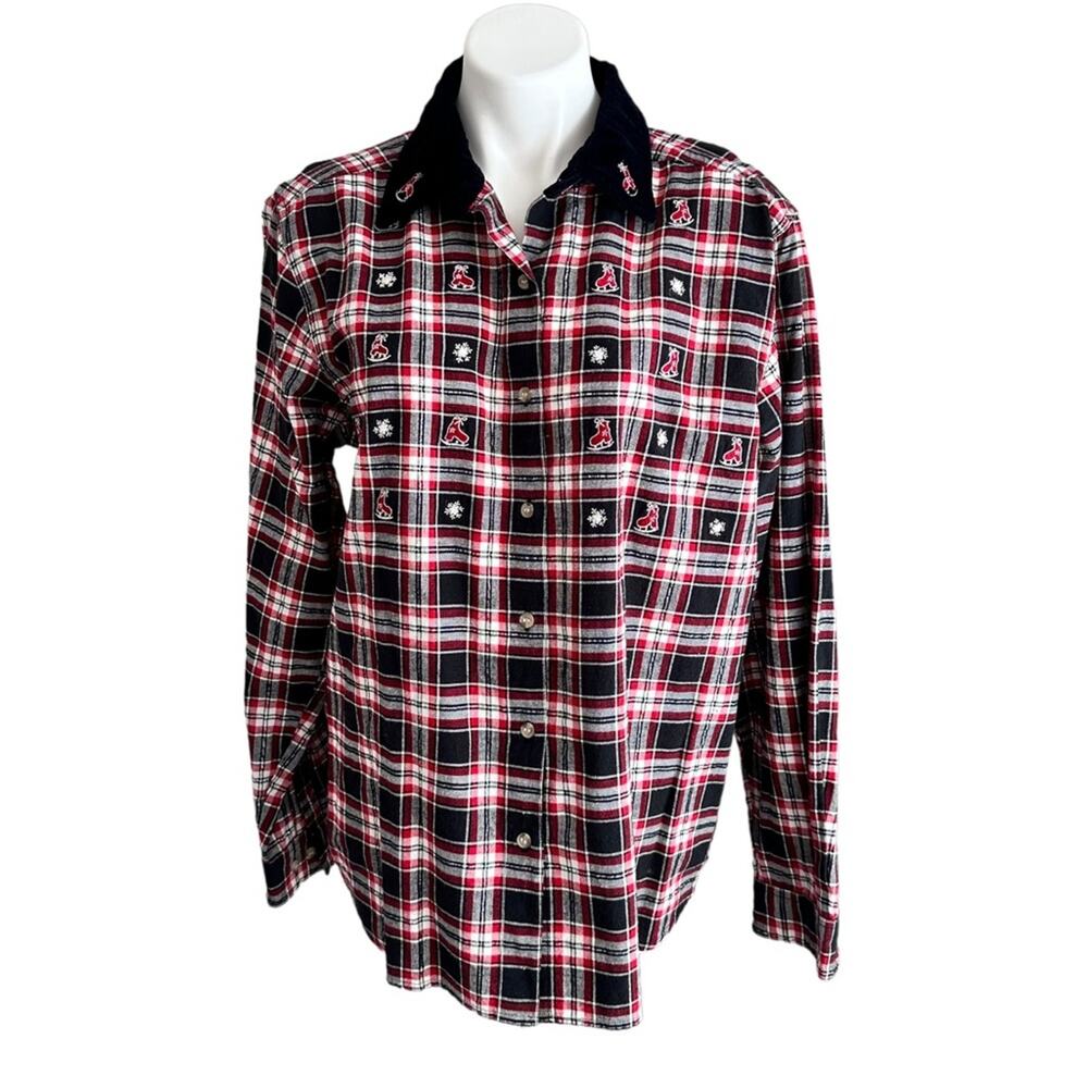 Vtg Bobbie Brooks Shirt XL Ice Skate Snowflake Embroidered Plaid Velvet Collar